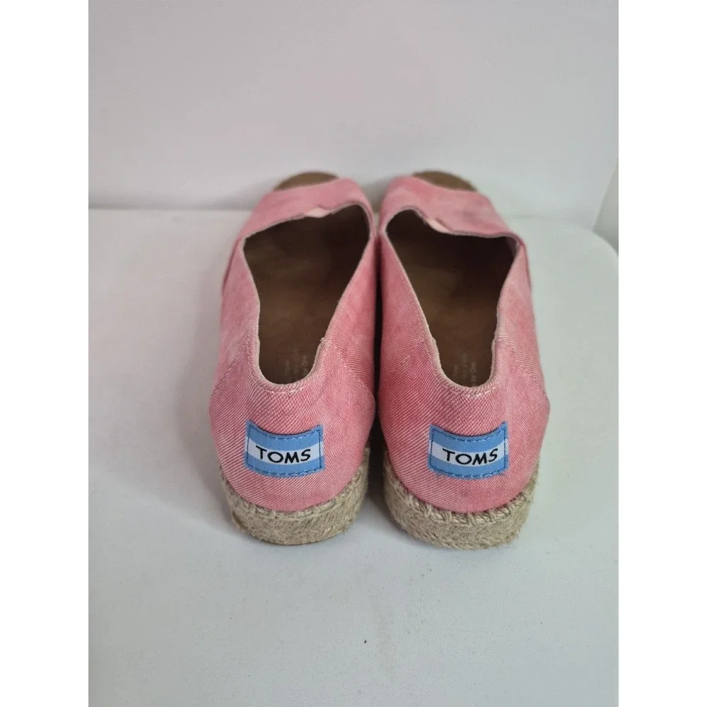 TOMS PINK / RED Chambray Espadrilles Low Wedge Peep Toe Slip On Shoes Sz 10‎